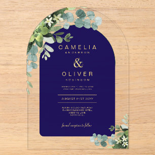 Zazzle Acrylic Wedding Navy Eucalyptus Gold Text Invitations
