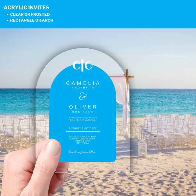 Zazzle Acrylic Wedding Sky Blue White Text Arch Invitations (Creator Uploaded)