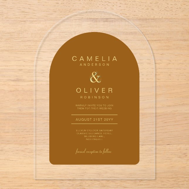 Zazzle Acrylic Wedding Terracotta Gold Text Arch Invitations (Front)