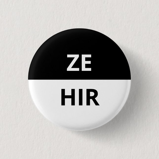 Ze/Hir Pronoun Black & White Badge Button (Front)