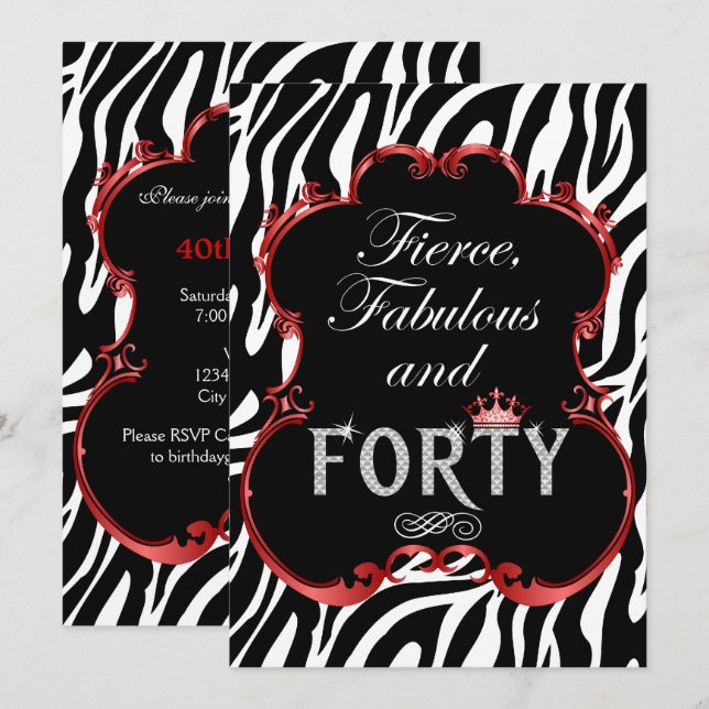 Zebra 40 and Fabulous Bling Birthday Invitation (Front/Back)