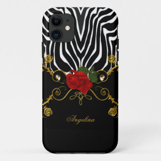 Zebra Abstract Roses Red Black White Gold iPhone 11 Case