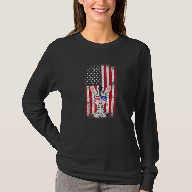 Zebra American Flag Boys Girls Men Women Fourth Of T-Shirt (Front)