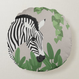 Zebra amongst Leaves Round Pillow