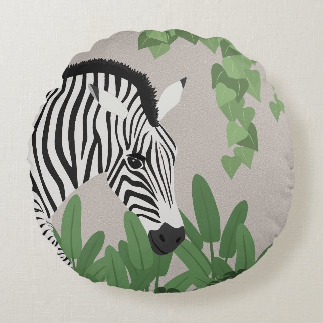 Zebra amongst Leaves Round Pillow (Front)