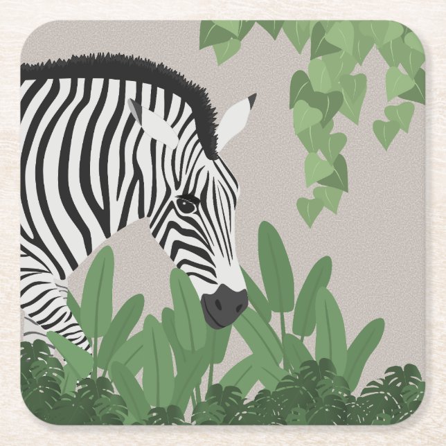 Zebra amongst Leaves Square Paper Coaster (Front)