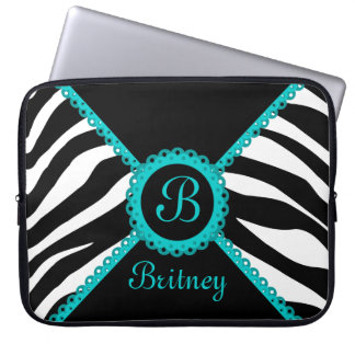 Zebra and Aqua Lace Monogram Laptop Sleeve