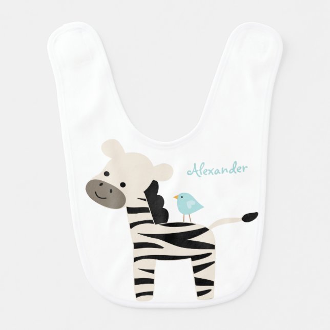 Zebra and Blue Bird Personalized Baby Bib (Front)