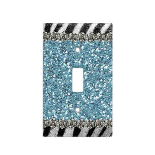 Zebra and Blue Faux Glitter Rhinestone Light Switch Cover