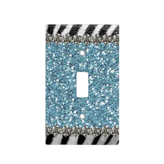 Zebra and Blue Faux Glitter Rhinestone Light Switch Cover (Front)