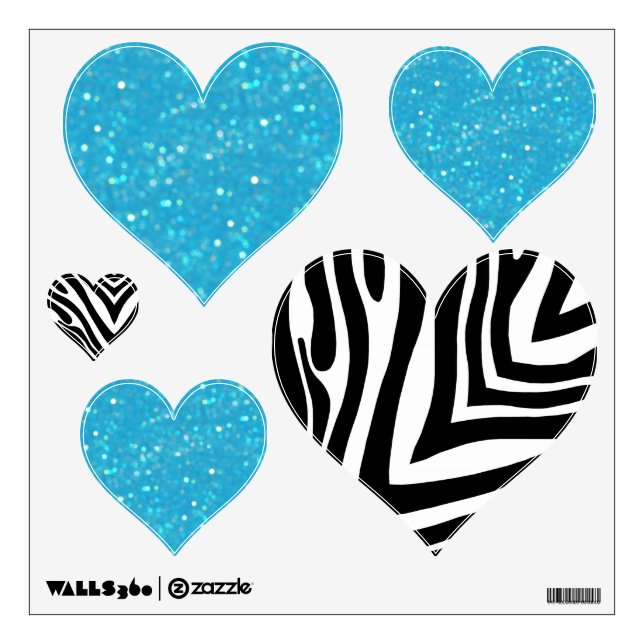 Zebra And Blue Glitzy Look Heart: Wall Decals (Front)