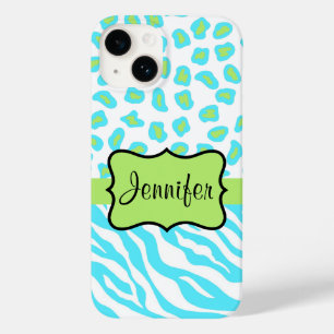 Zebra and Cheetah Skin Turquoise Blue Green Name Case-Mate iPhone 14 Case