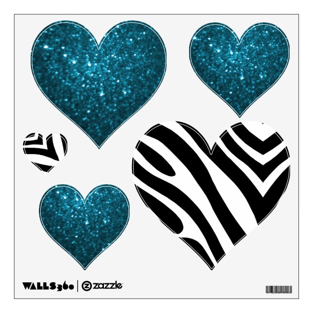 Zebra And Cyan Glittery Look Heart: Wall Decals (Front)
