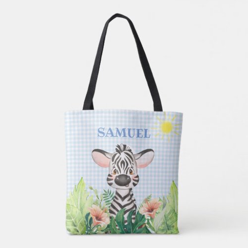 Zebra and Elephant in Jungle_Blue Gingham Check Tote Bag
