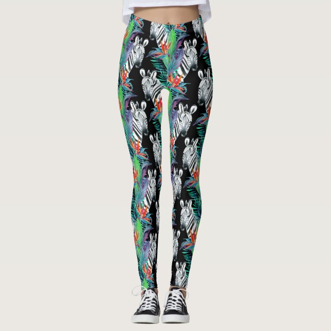 Zebra And Exotic Flowers Pattern 2 Leggings (Front)