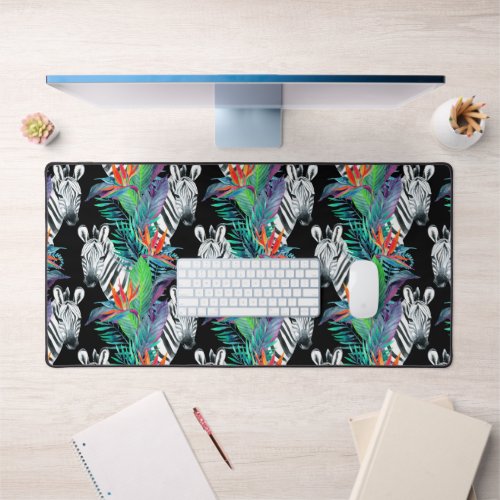 Zebra And Exotic Flowers Pattern Desk Mat