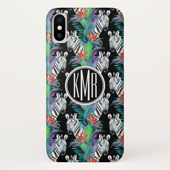 Zebra And Exotic Flowers Pattern | Monogram Case-Mate iPhone Case (Back)