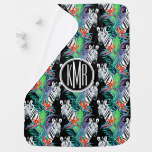 Zebra And Exotic Flowers Pattern   Monogram Swaddle Blanket