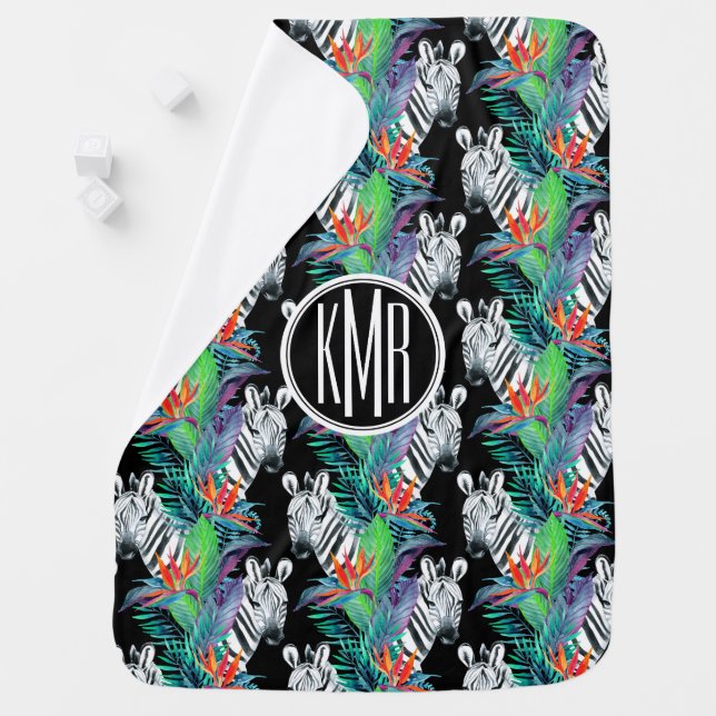 Zebra And Exotic Flowers Pattern | Monogram Swaddle Blanket (In Situ)