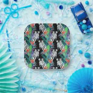 Zebra And Exotic Flowers Pattern Paper Plates