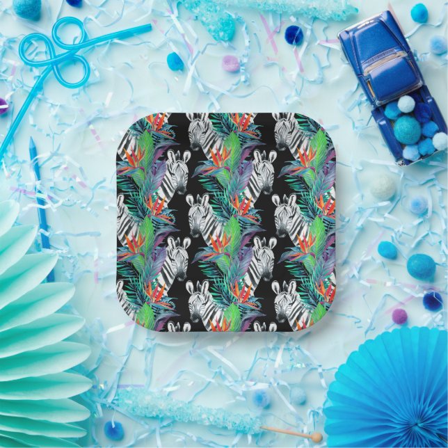 Zebra And Exotic Flowers Pattern Paper Plates (Party)