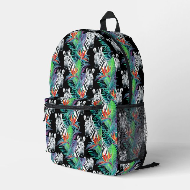 Zebra And Exotic Flowers Pattern Printed Backpack (Back Corner Right)