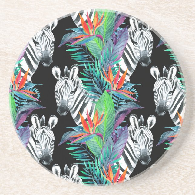 Zebra And Exotic Flowers Pattern Sandstone Coaster (Front)