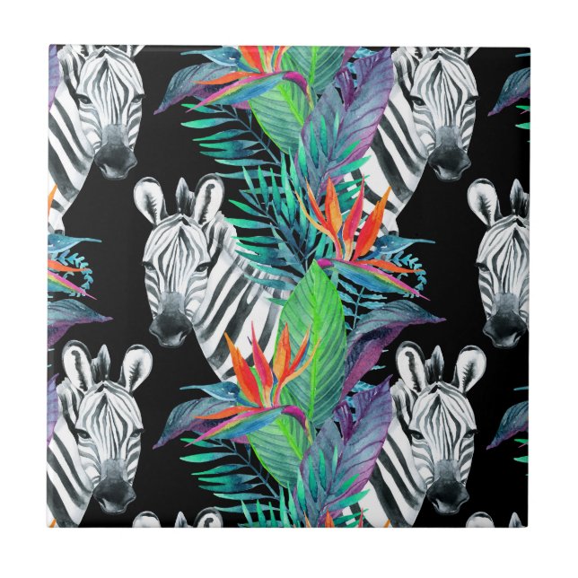 Zebra And Exotic Flowers Pattern Tile (Front)