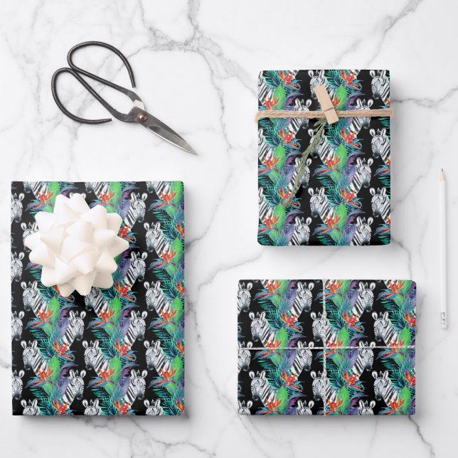 Zebra And Exotic Flowers Pattern Wrapping Paper Sheets (Front)