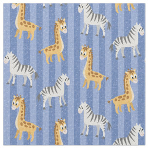 Zebra and Giraffe African Safari Blue Stripes Fabric