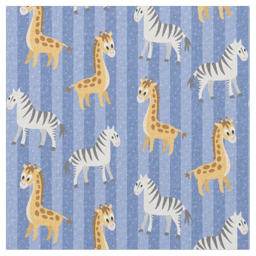 Zebra and Giraffe African Safari Blue Stripes Fabric
