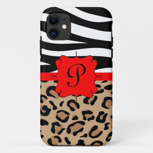 Zebra and Leopard Print Personalized Monogram Case-Mate iPhone Case (Back)