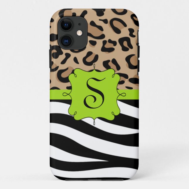 Zebra and Leopard Print Personalized Monogram Case-Mate iPhone Case (Back)
