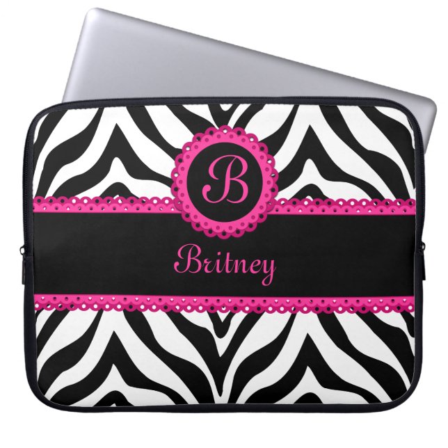 Zebra and Pink Lace Monogram Laptop Sleeve (Front)