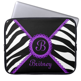 Zebra and Purple Lace Monogram Laptop Sleeve