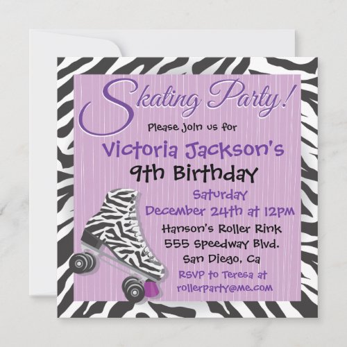 Zebra and Purple Roller Skating Party Invitations