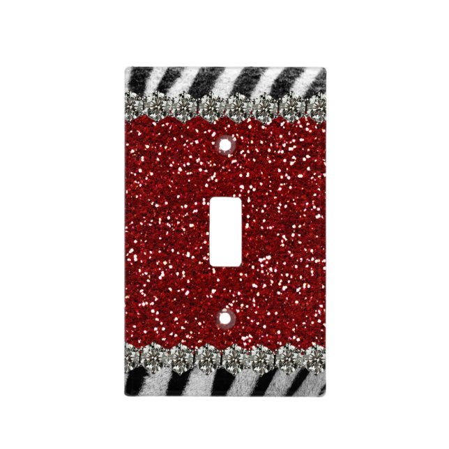Zebra and Red Faux Glitter Rhinestone Light Switch Cover (Front)