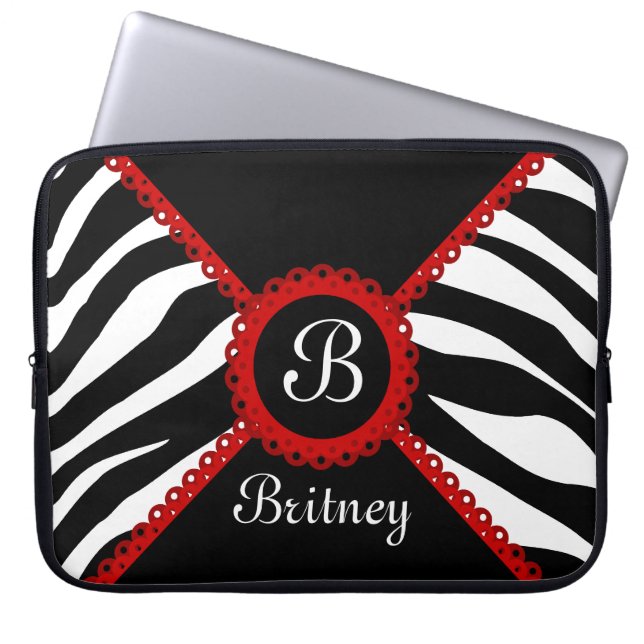 Zebra and Red Lace Monogram Laptop Sleeve (Front)