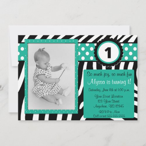 Zebra and Turquoise Birthday invitation ANY AGE