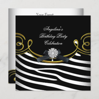 Zebra Animal Black White Gold Birthday Party Invitation