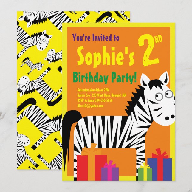 Zebra Animal Kid's Birthday Party Invitations (Front/Back)