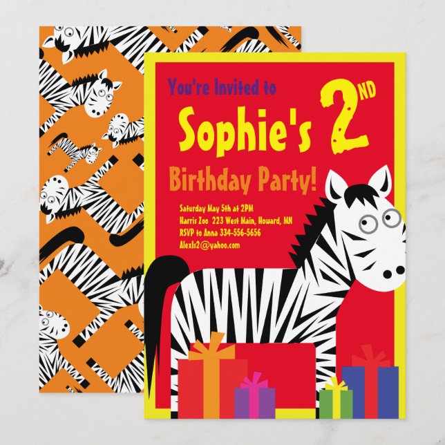 Zebra Animal Kid's Birthday Party Invitations (Front/Back)