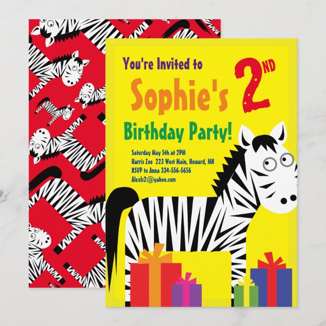 Zebra Animal Kid's Birthday Party Invitations (Front/Back)