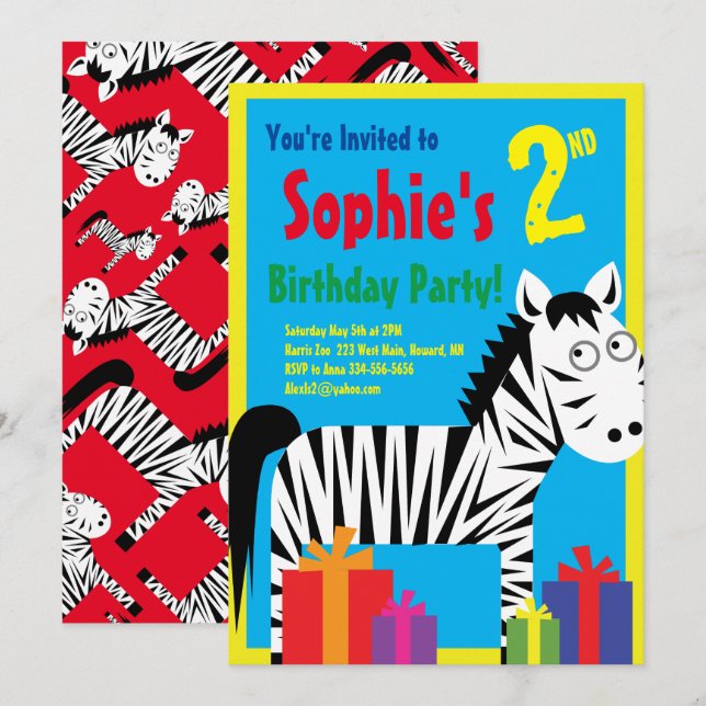 Zebra Animal Kid's Birthday Party Invitations (Front/Back)