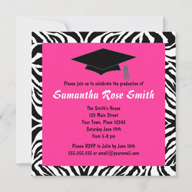 Zebra Animal Print Hot Pink Graduation - Custom Invitation (Front)