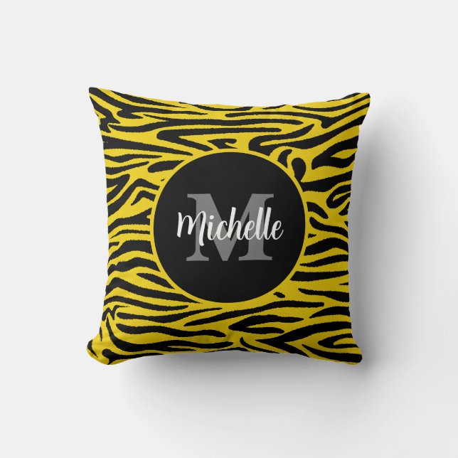 Zebra Animal Skin Modern Monogram Script Name      Throw Pillow (Front)