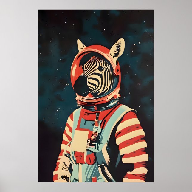 Zebra Astronaut Poster, Zebra Retro Print, Zebra Poster (Front)