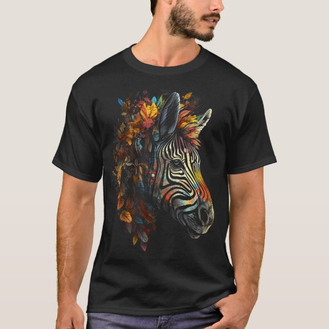 Zebra Autumn Leaves Colourful Art Animal Zoo Zebra T-Shirt (Front)