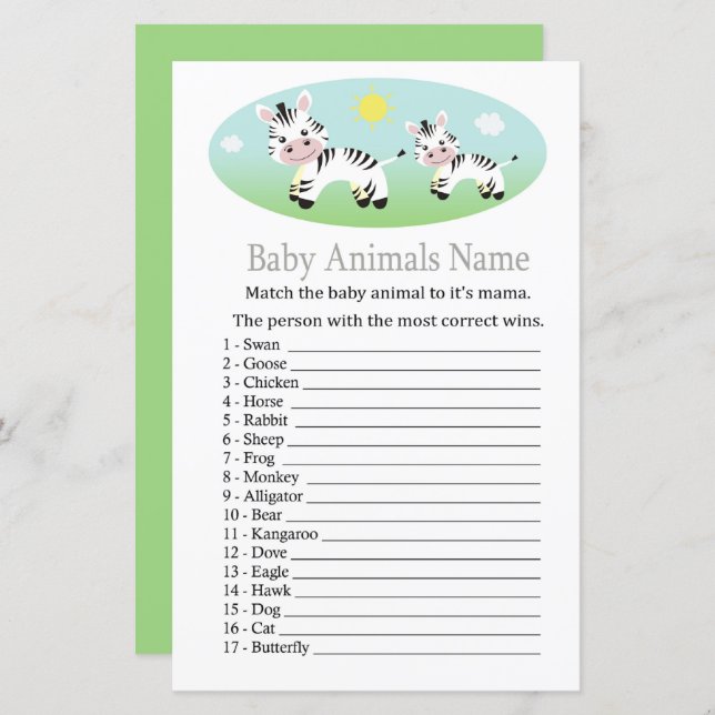 Zebra Baby Animals Name Game (Front/Back)