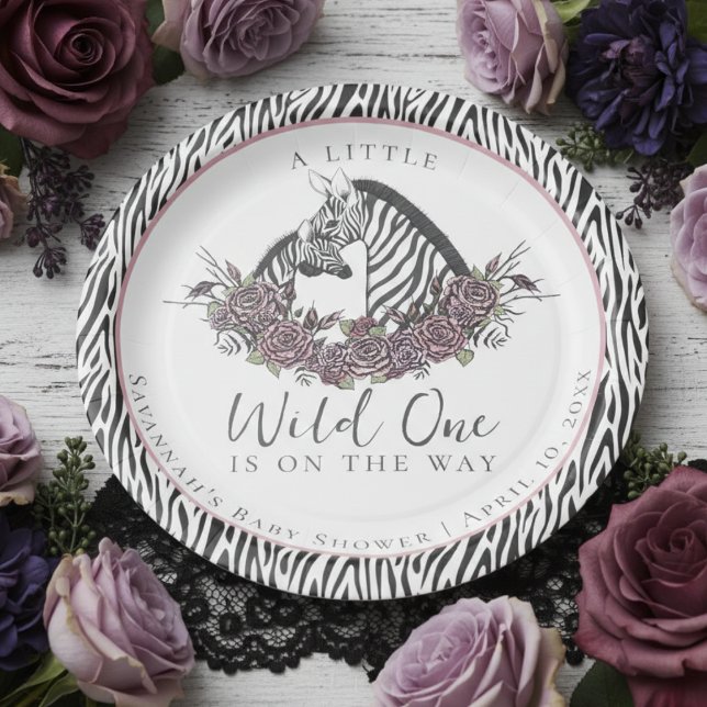 Zebra Baby Girl Floral Safari Shower Thank You Paper Plates (A Little Wild One Is On The Way Zebra Baby Shower Paper Plates for Mother to Be. Gothic Pink Roses)